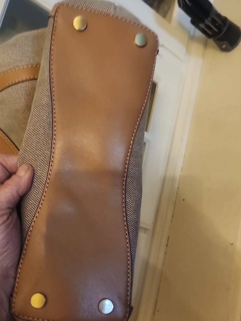 Michael Kors Beige Canvas Shoulder Bag with Tan Leather Trim
